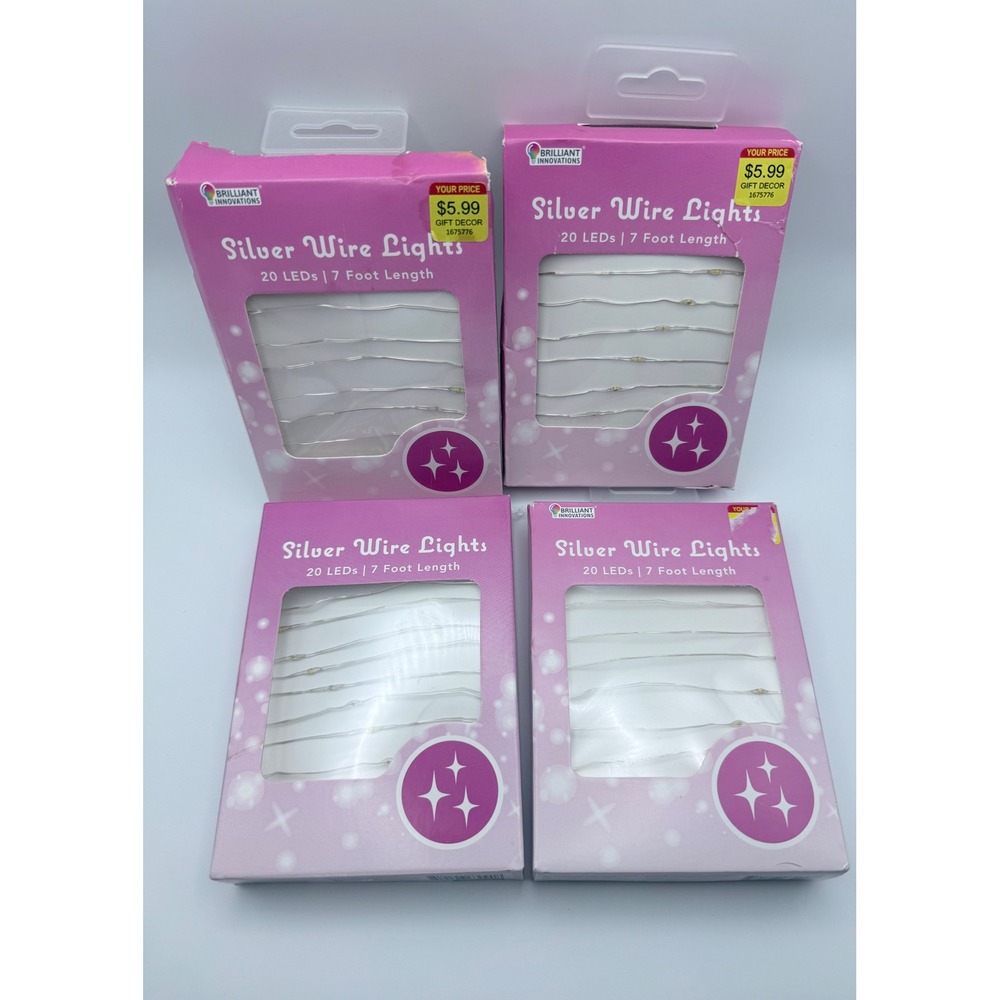 Brilliant Innovations Silver Wire Fairy Lights 20 LED 7ft Battery Operate 4 Pack